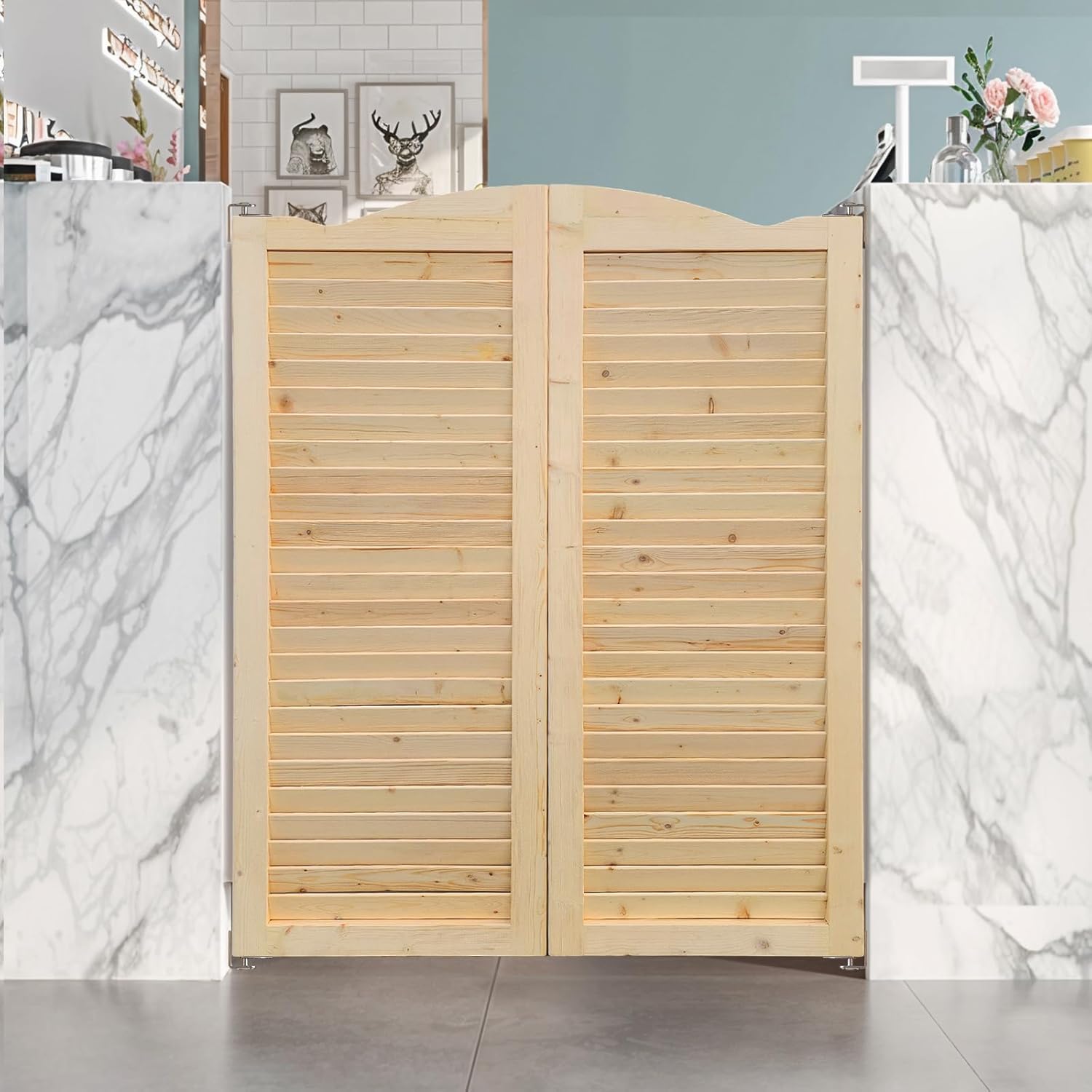 S&Z TOPHAND Swing Cafe Louvered Door installed in a kitchen setting