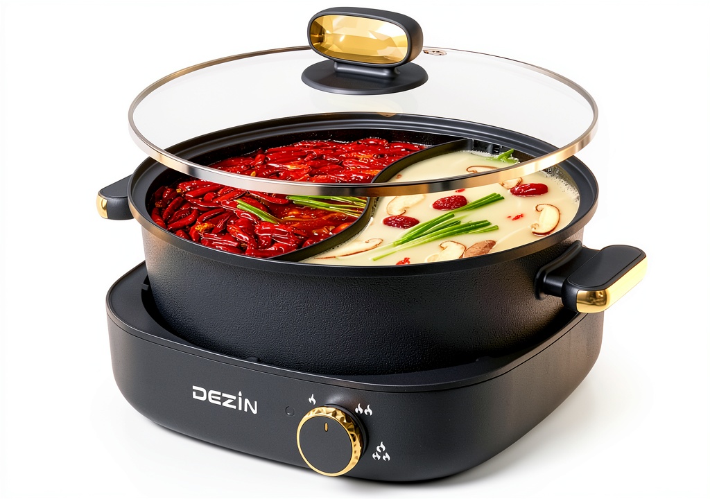 DEZIN electric hot pot with dual divider in a kitchen setting