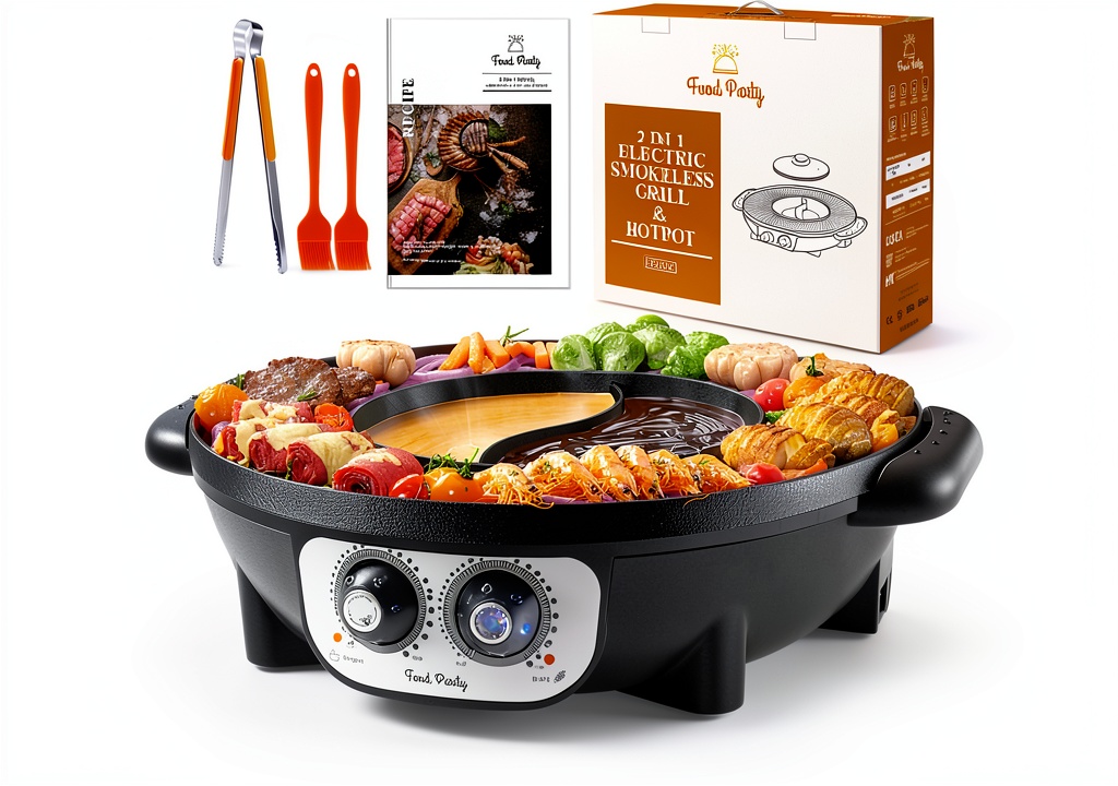 Food Party Electric Hot Pot Grill set up on a wooden kitchen counter with grill plates and a steaming broth
