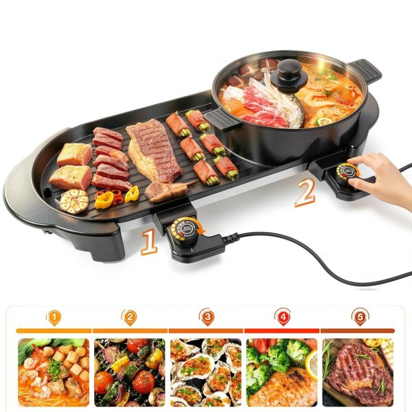BOEASTER 2-in-1 Hot Pot Grill Black Aluminum 2200W 5-2