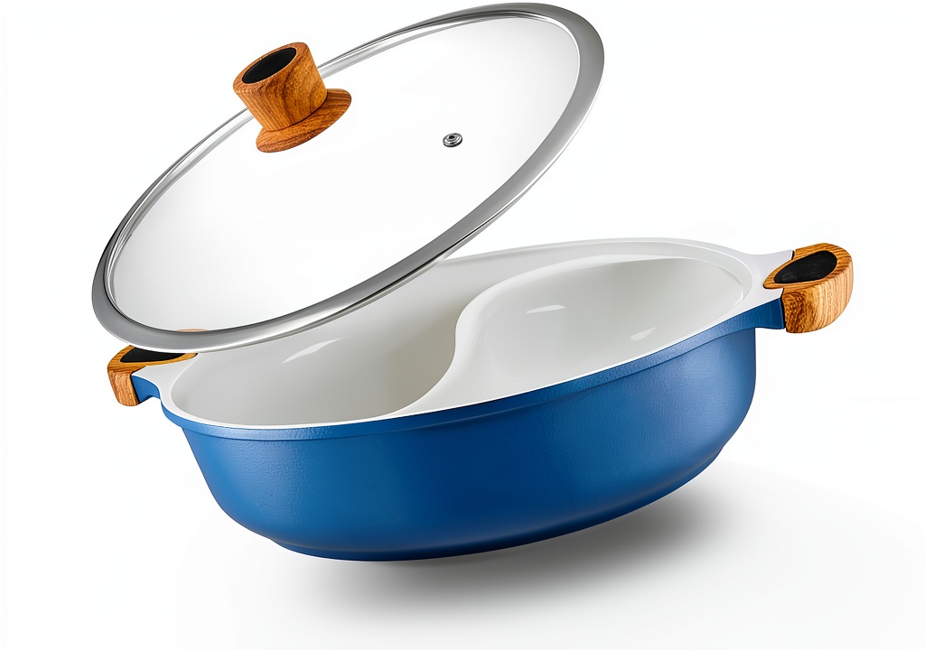 Hot pot on a stovetop with dual broths