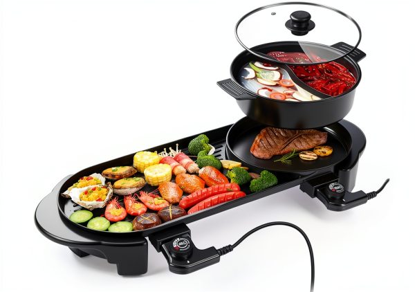 BOEASTER 2-in-1 Hot Pot Grill Black Aluminum 2200W 5-0
